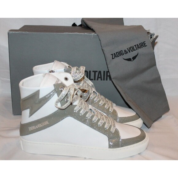 ZADIG AND VOLTAIRE High Top Flash Gun Silver White Lace Up Zip Sneakers EU 40 US - Picture 1 of 8